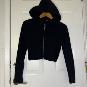 Brandy Melville Sweater‎ Black Zip Up Hoodie Long Sleeve Cropped in Onesize